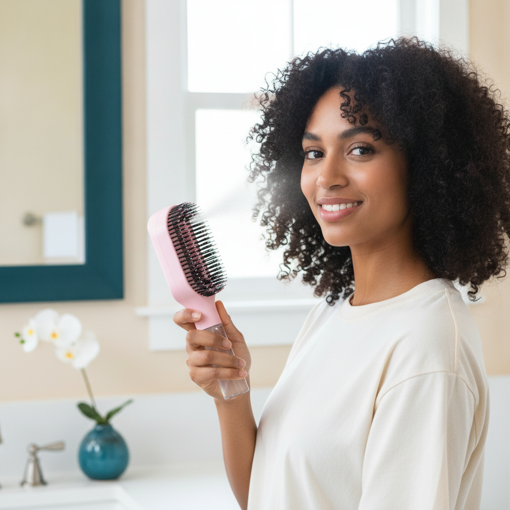 A young adult, with diverse representation, smiles while holding the 2-in-1 sprayer comb hairbrush, misting their hair in a m