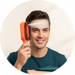 Circular portrait of Marcus Thorne, a man with short dark hair, smiling and holding a 2in1 Sprayer Comb near his face, agains