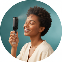 Circular portrait of Sarah Jenkins, a diverse woman, smiling and holding a 2in1 Sprayer Comb Detangling Scalp Massage Hairbru