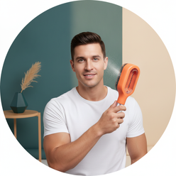 Portrait of David Chen, a fit man with short dark hair, smiling and holding the 2in1 Sprayer Comb Hairbrush. The background i