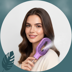 Circular portrait of Elena Rodriguez smiling, holding a 2in1 Sprayer Comb Hairbrush near her head, against a clean white back