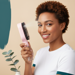 Portrait of Jordan Smith smiling, holding the 2in1 Sprayer Comb Hairbrush, against a warm cream background.