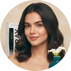Circular portrait of Maya Patel, a woman with warm skin and dark hair, smiling gently against a warm cream background.