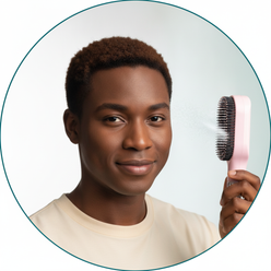 Circular portrait of Sam Wilson with short brown hair, smiling subtly and holding a 2-in-1 sprayer comb near their head.