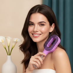 Portrait of Chloe V. smiling, holding the 2in1 Sprayer Comb Detangling Scalp Massage Hairbrush. The background is soft and wa